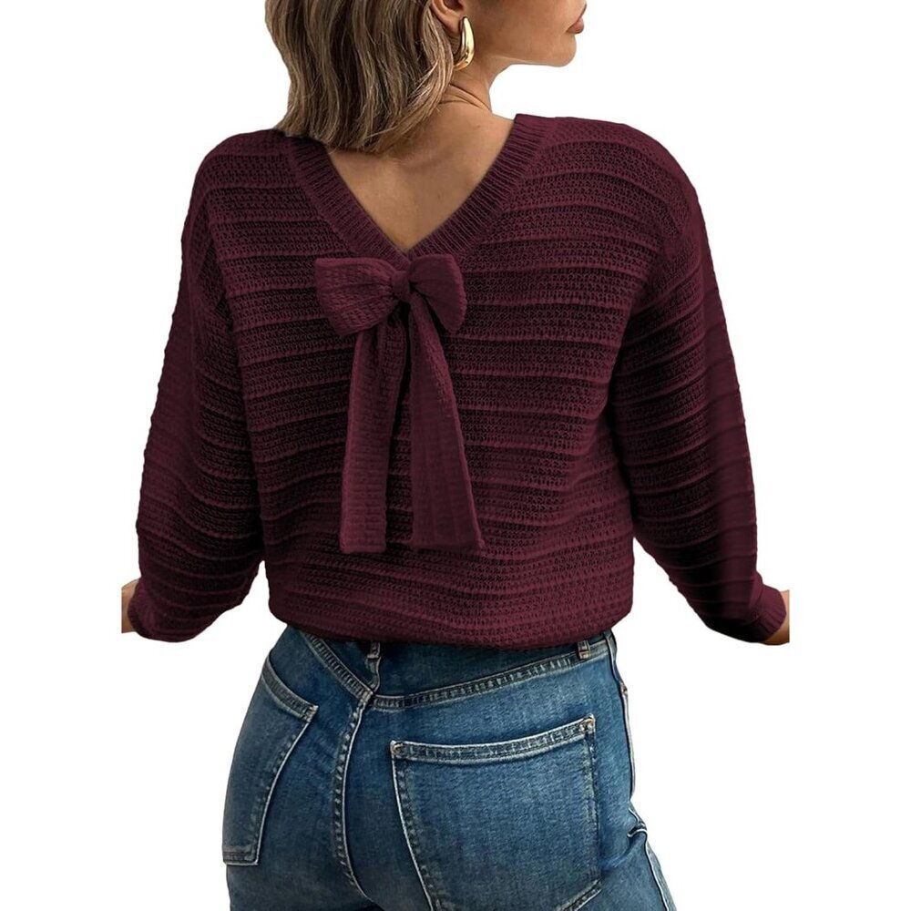 Women’s Knit Sweater Long Sleeve Fall Outfits Crew Neck Back Bow Medium